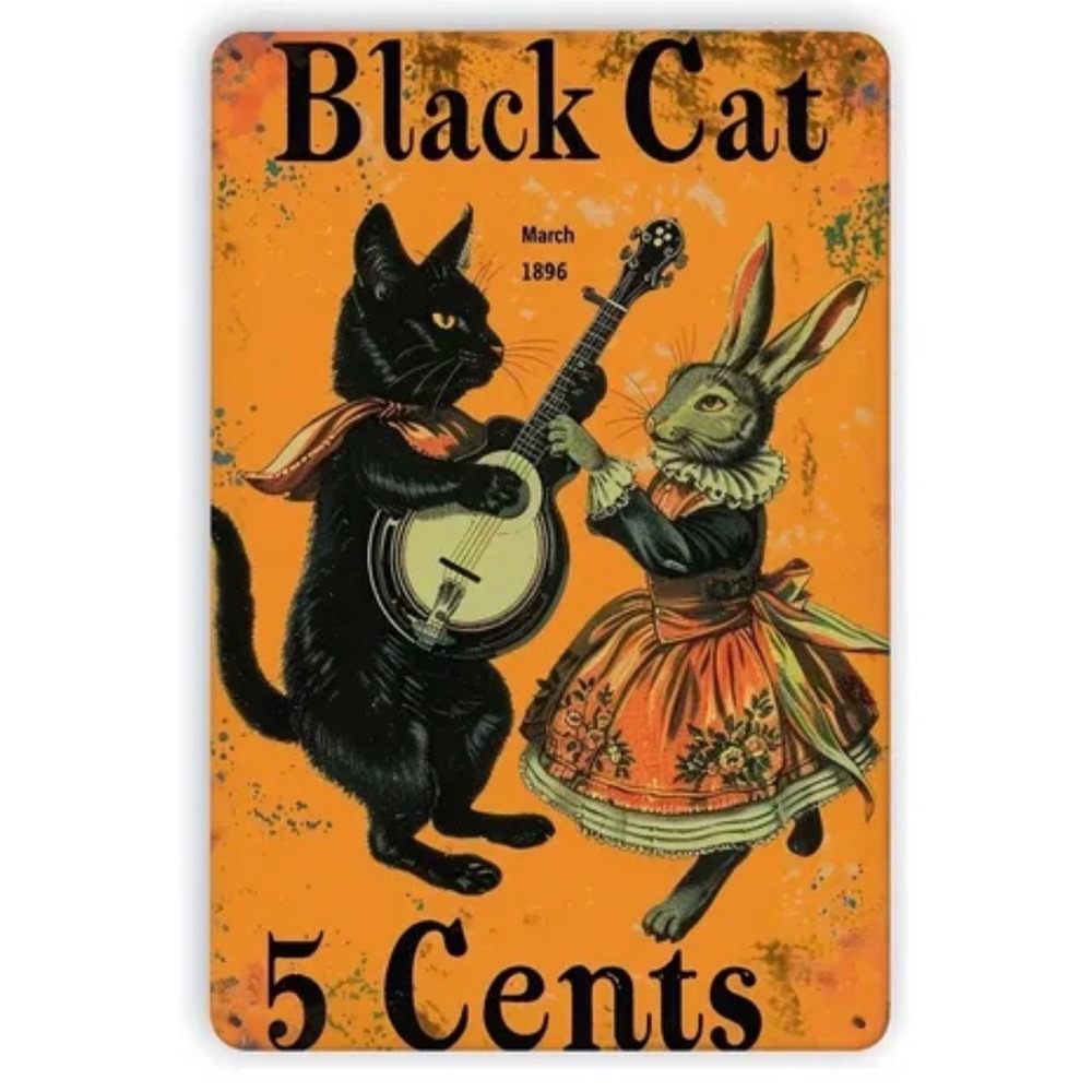 Black Cat Metal Sign w/Rabbit Banjo Vintage Style Folk Art